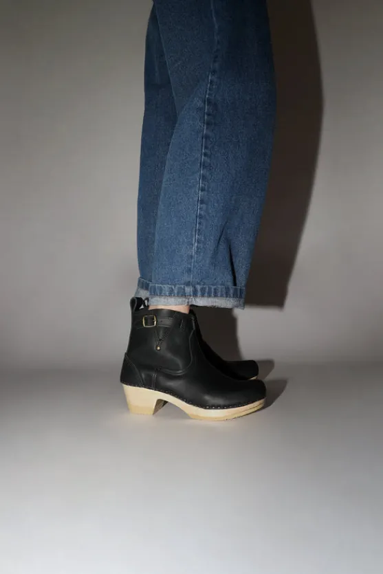 5" Leather Clog Buckle Boot on Mid Heel in Black^No.6 Store Hot
