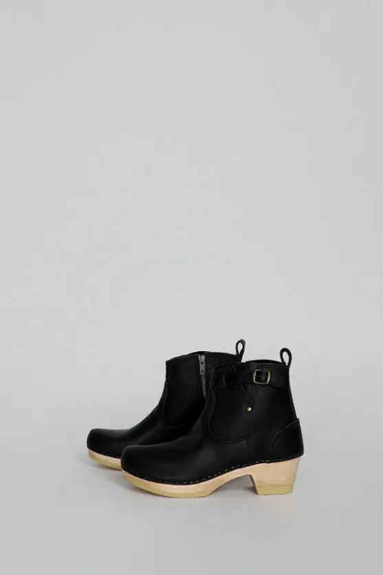 5" Leather Clog Buckle Boot on Mid Heel in Black^No.6 Store Hot
