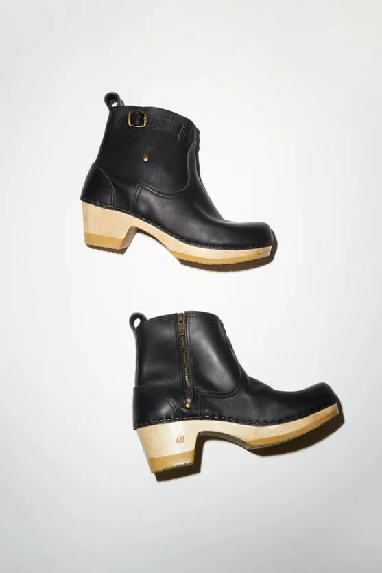 5" Leather Clog Buckle Boot on Mid Heel in Black^No.6 Store Hot