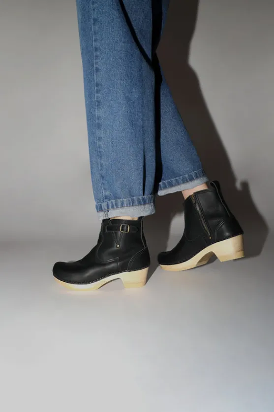 5" Leather Clog Buckle Boot on Mid Heel in Black^No.6 Store Hot