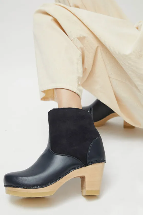 5" Pull on Shearling Clog Boot on High Heel in Navy and Night^No.6 Store Fashion