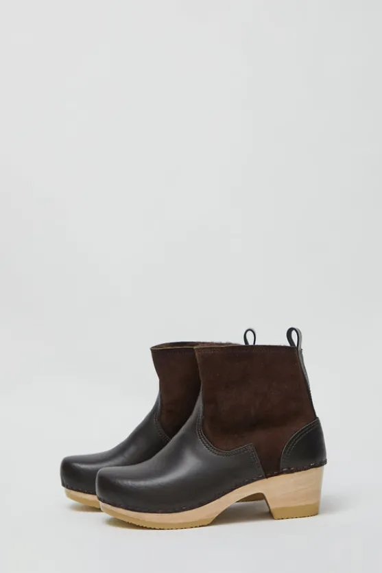 5" Pull on Shearling Clog Boot on Mid Heel in Umber^No.6 Store Hot
