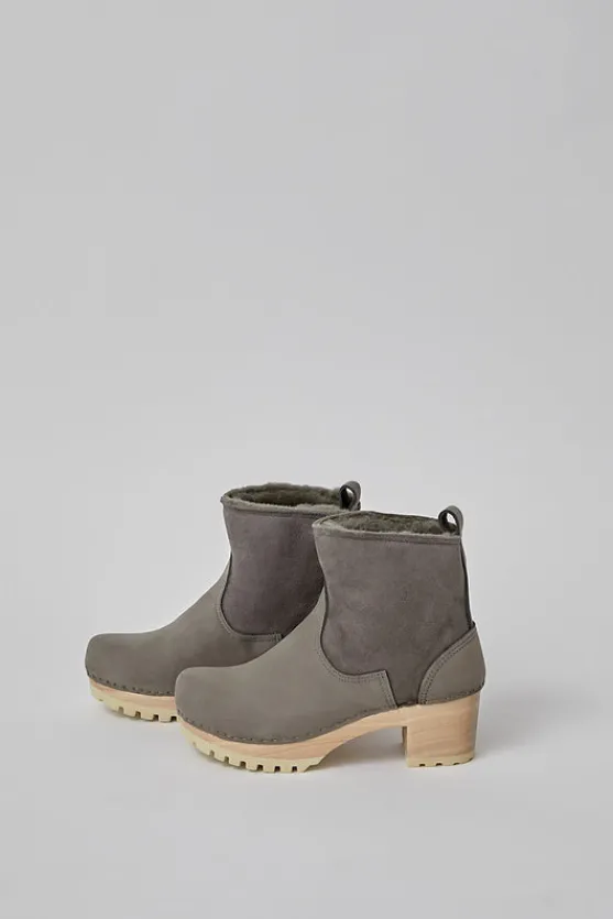 5" Pull On Shearling Clog Boot on Mid Tread in Smoke Suede on White Base^No.6 Store Fashion
