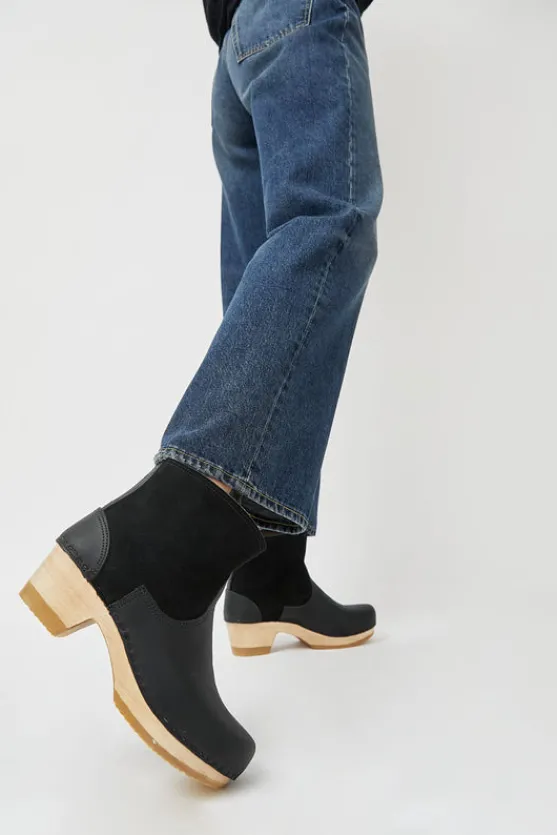 5" Pull on Shearling Clog Boot on Mid Heel in Black Suede^No.6 Store Sale