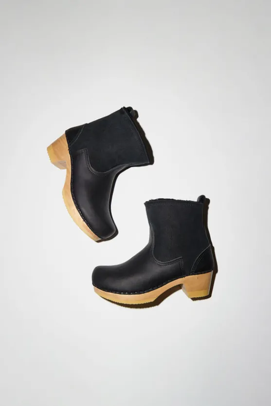 5" Pull on Shearling Clog Boot on Mid Heel in Black Suede^No.6 Store Sale