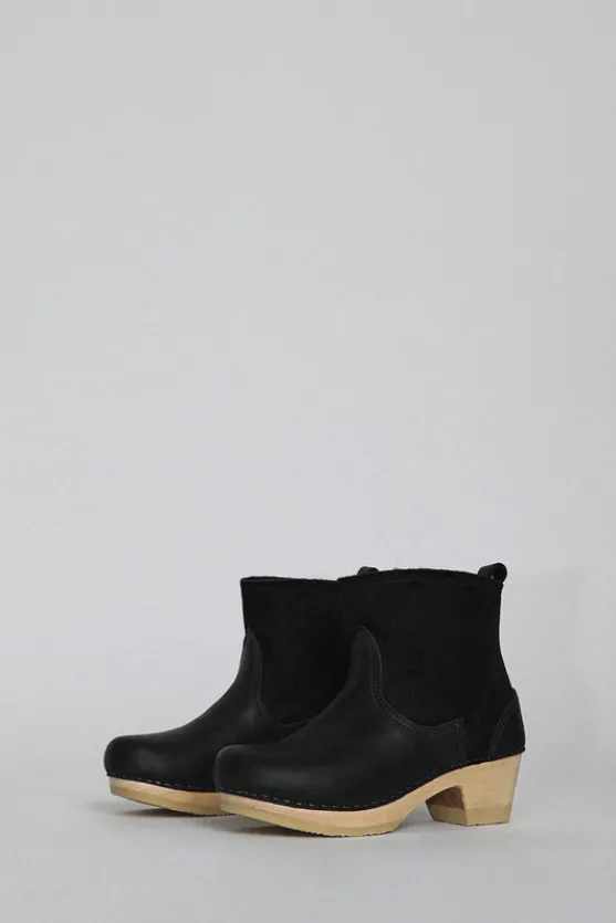 5" Pull on Shearling Clog Boot on Mid Heel in Black Suede^No.6 Store Sale
