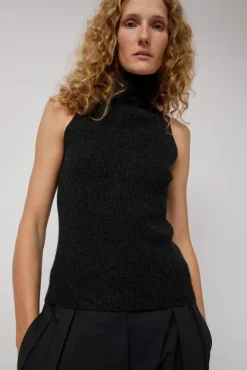 Cashmere Mock Collar Rib Top in Black Melange^No.6 Store Discount