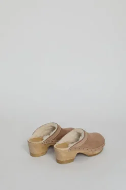 Dakota Shearling Clog on Mid Heel in Fawn Suede and Bone^No.6 Store Outlet