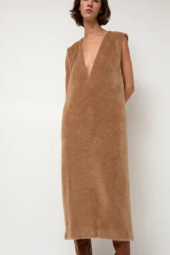 Eco Fur Deep V Dress in Camel^No.6 Store Sale