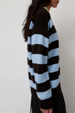 Edith Stripe Polo Sweater in Dark Brown and Pale Blue^No.6 Store Fashion