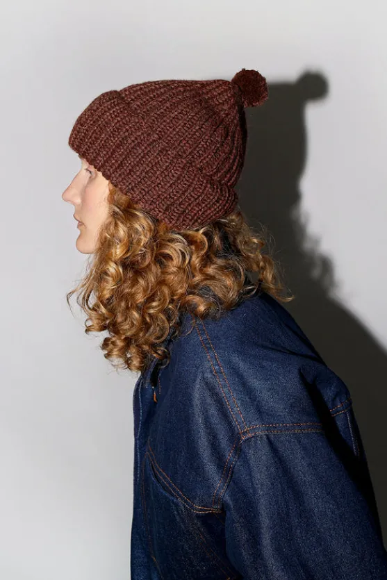 Fold Up Long Pom Pom Beanie in Dark Brown^No.6 Store Outlet