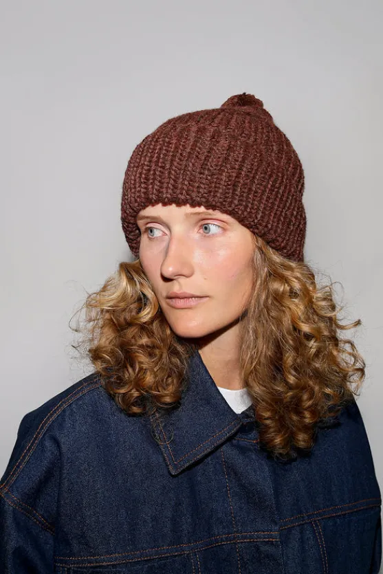 Fold Up Long Pom Pom Beanie in Dark Brown^No.6 Store Outlet