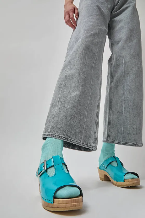 T Strap Clog on Mid Heel in Turquoise Patent^No.6 Store Clearance