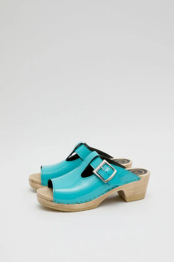T Strap Clog on Mid Heel in Turquoise Patent^No.6 Store Clearance