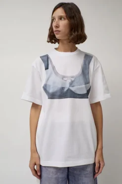 T-Shirt with Augmented Denim Top in White^No.6 Store New
