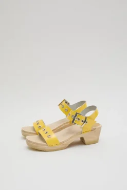 Two Strap Clog on Mid Heel in Yellow Patent with Eyelets^No.6 Store Hot