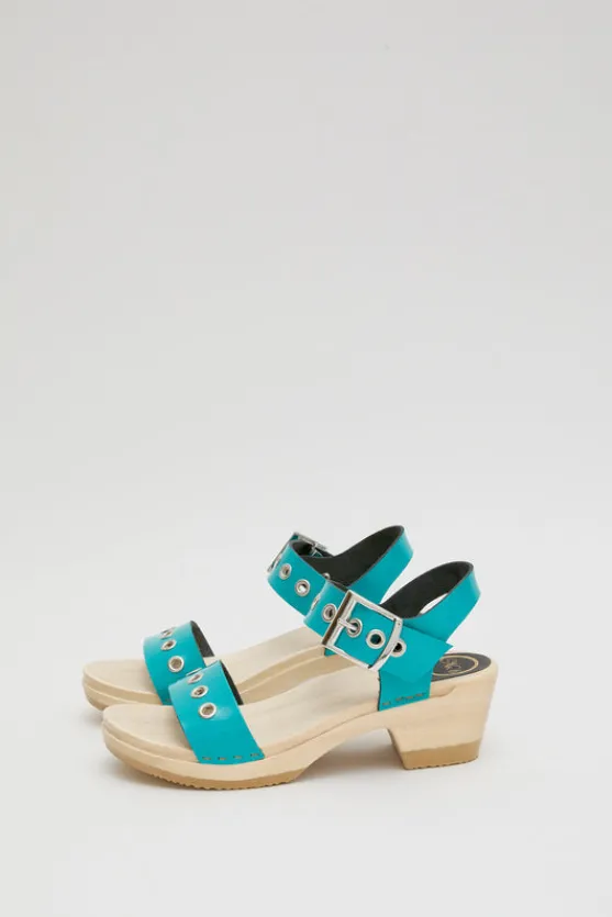 Two Strap Clog on Mid Heel in Turquoise Patent with Eyelets^No.6 Store Discount