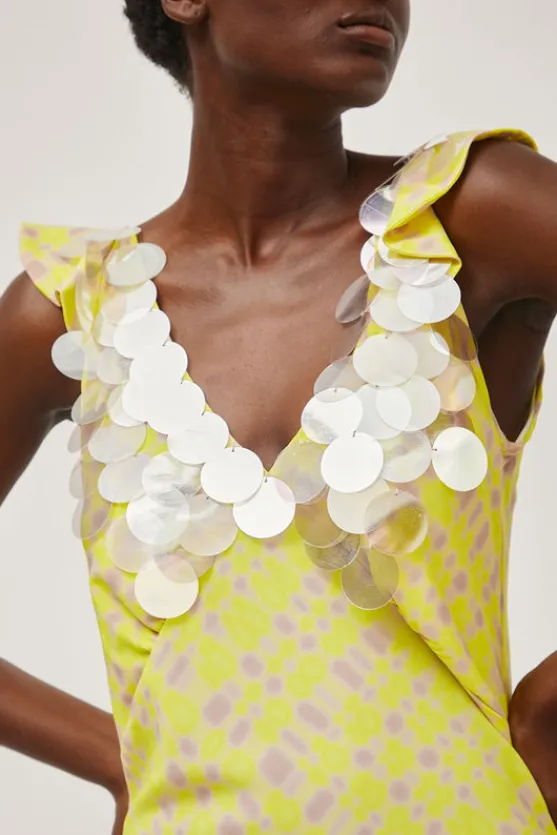V Neck Sequin Dress in Light Yellow Plaid^No.6 Store Discount